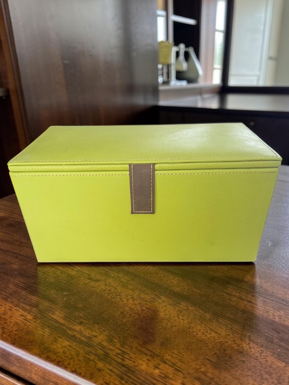 Vintage Rowallan of Scotland Lime Green Leather Jewelry Chest 2 Tier with Mirror
